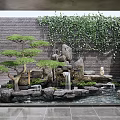 Modern Garden Decorative Feature With Rockery Waterfall Pine Tree And Ivy Covered Brick Wall