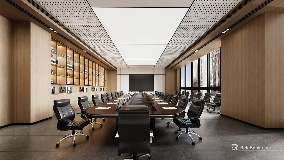 Modern Conference Room Design with Long Table Black Chairs Wooden Bookshelves Large Windows Projection Screen 3d model 