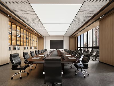 Modern Conference Room Design with Long Table Black Chairs Wooden Bookshelves Large Windows Projection Screen 3d model