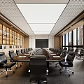 Modern Conference Room Design with Long Table Black Chairs Wooden Bookshelves Large Windows Projection Screen