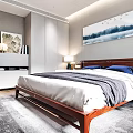 Modern Minimalist Bedroom With Large Bed Nightstands Table Lamps Wall Painting And Wooden Floor