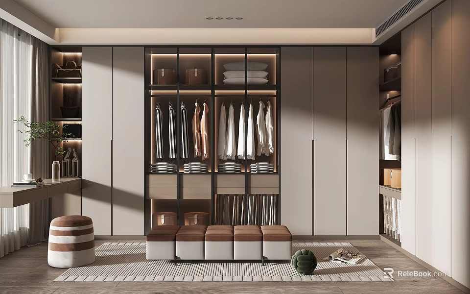 Modern Walk in Closet Interior With Glass Doors Hanging Clothes Storage Drawers And Stool 3d model 