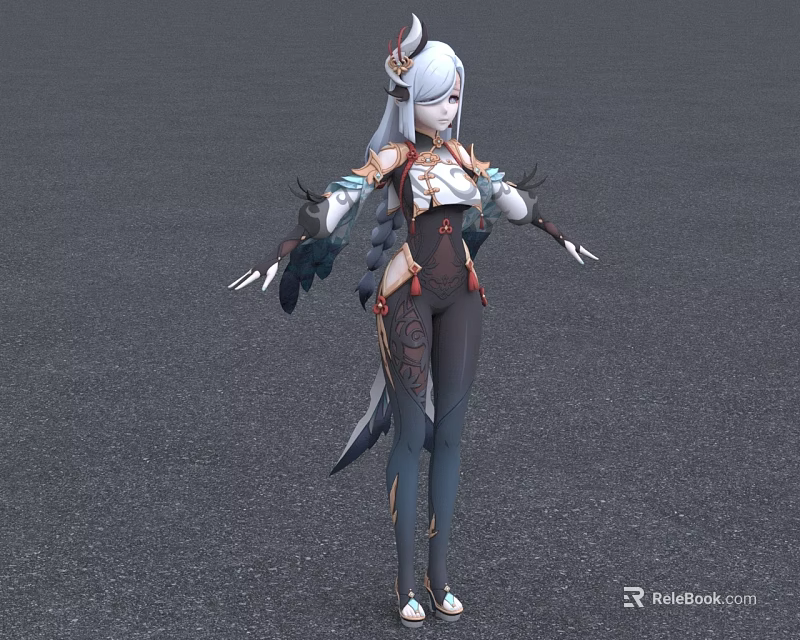 Fantasy Female Character With White Hair Animal Ears And Feather Decorated Costume 3d model 