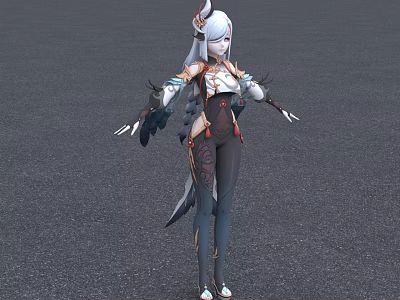 Fantasy Female Character With White Hair Animal Ears And Feather Decorated Costume 3d model