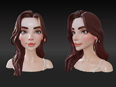 3D Rendered Woman Portrait With Brown Long Hair In Different Angles View 3d model