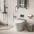 Modern White Toilet In Bathroom With Hanging Towel Rack Toilet Paper Holder And Trash Bin