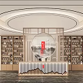Elegant Chinese Style Liquor Specialty Store Interior With Wooden Shelves Circular Decoration And Landscape Painting
