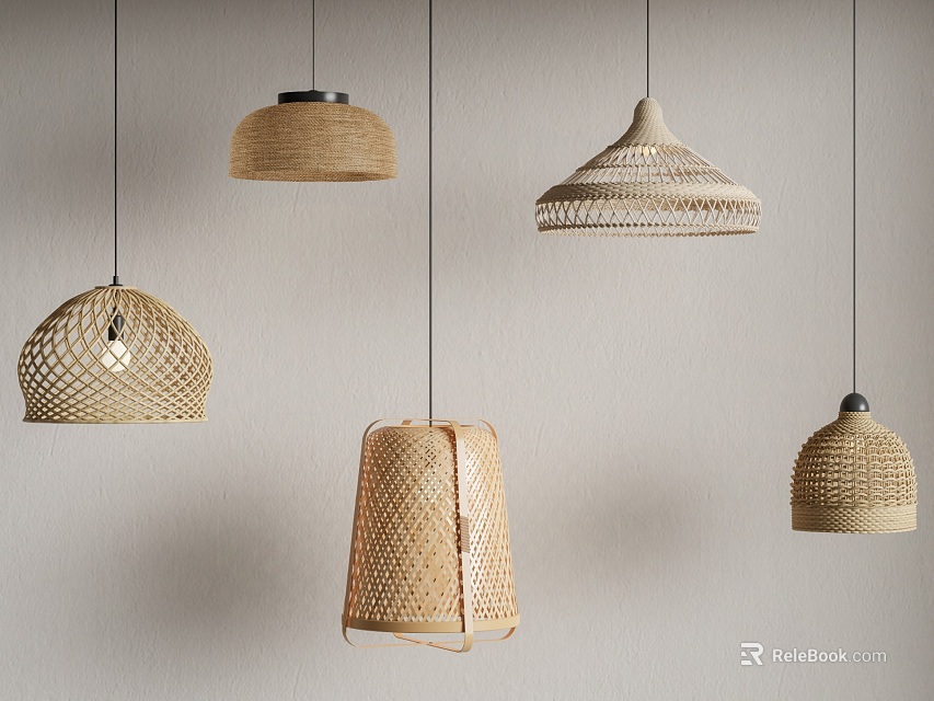 Various Woven Pendant Lights With Unique Handcrafted Designs For Interior Decoration 3d model 