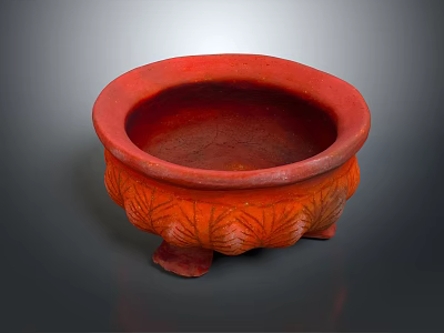 Decorative Red Ceramic Pot With Carved Leaf Patterns And Three Feet 3d model