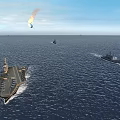 Warship Launching Missile At Sea With Aircraft Carrier And Small Vessel