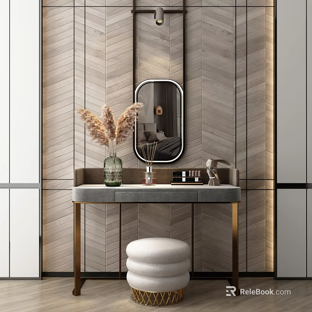 Elegant Dressing Table with Oval Mirror Pampas Grass Vase and White Stool Against Herringbone Wall 3d model 