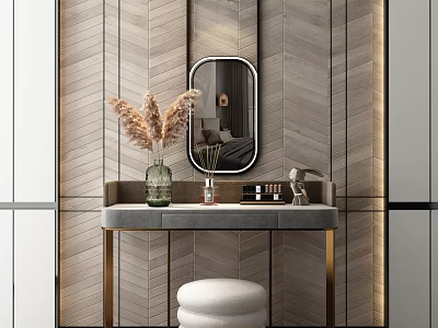 Elegant Dressing Table with Oval Mirror Pampas Grass Vase and White Stool Against Herringbone Wall 3d model