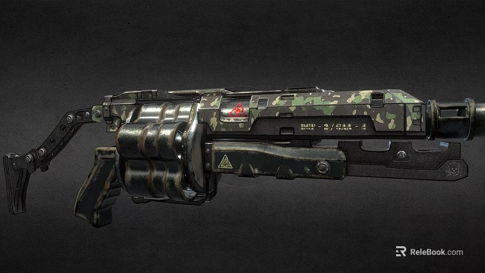 Modern Tactical Camouflage Weapon With Drum Magazine Red Emblem And Metal Components 3d model 