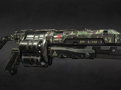 Modern Tactical Camouflage Weapon With Drum Magazine Red Emblem And Metal Components 3d model