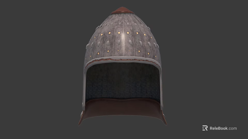 Ancient Style Metal Helmet With Decorative Rivets Brown Brim And Structured Top 3d model