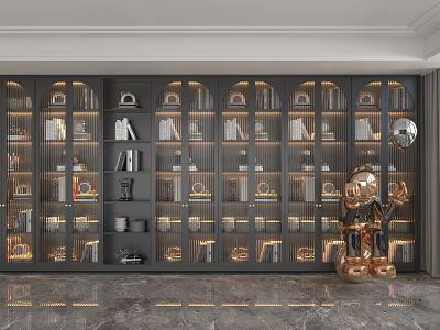 Modern Luxury Storage Shelving Unit With Glass Doors Led Lighting Gold Accents And Decorative Sculptures 3d model
