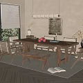 Cozy Wooden Dining Table Set With Chairs Bench Pendant Light Green Plants And Wooden Floor