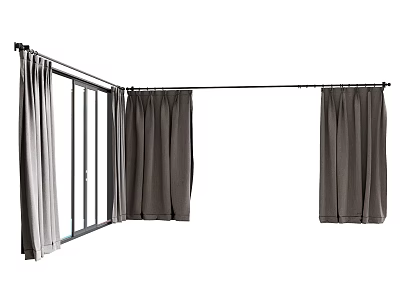 Gray Fabric Curtains For Sliding Door And Window With Curtain Rod 3d model