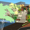 Lush Layered Park Landscape With Stone Steps Green Plants Trees And Water Feature