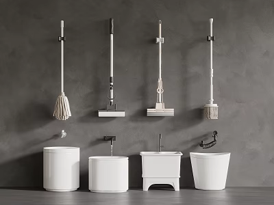 Bathroom Cleaning Tools Display With Hanging Mops Brooms Brushes And White Basins 3d model