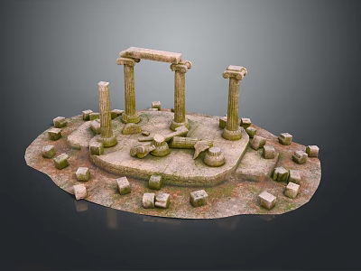 Ancient Columns On Ruined Platform With Scattered Stone Blocks In Historical Site Model 3d model