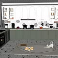 Modern Kitchen Interior With Dark Green Cabinets White Arched Cabinets Appliances And Patterned Floor Tiles