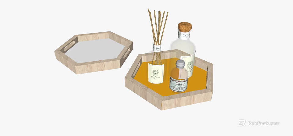 Stylish Hexagonal Wooden Trays With Fragrance Reed Diffusers And Small Bottles 3d model 