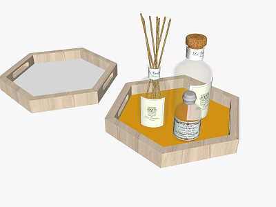 Stylish Hexagonal Wooden Trays With Fragrance Reed Diffusers And Small Bottles 3d model