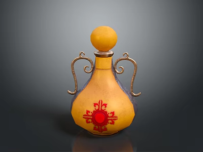 Decorative Daily Life Product Yellow Bottle With Red Floral Pattern And Metal Handles 3d model