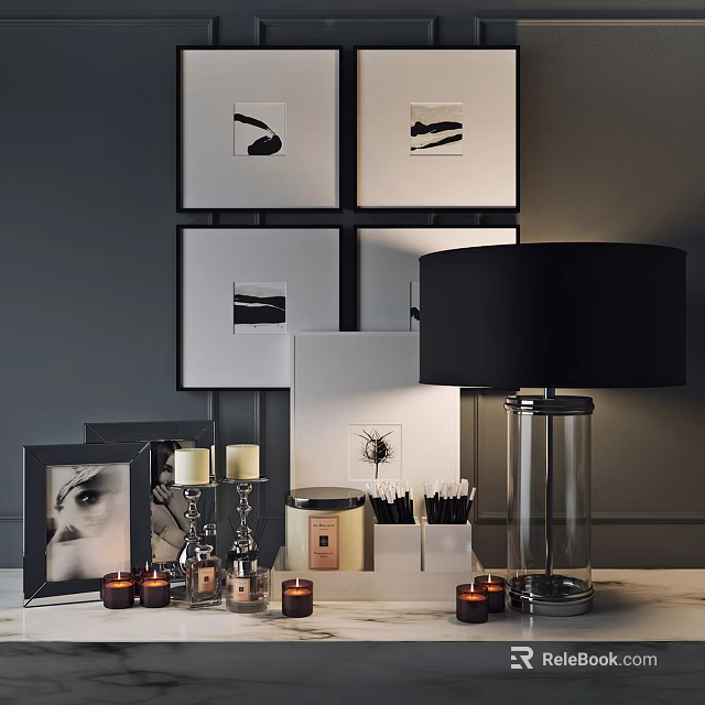 Modern Decorative Ornaments Set with Black Table Lamp Photo Frames Candles and Wall Art 3d model 