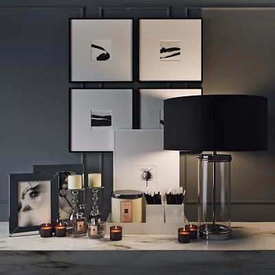 Modern Decorative Ornaments Set with Black Table Lamp Photo Frames Candles and Wall Art 3d model