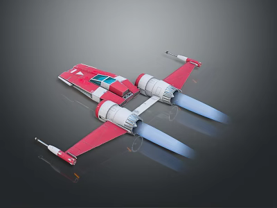 Red Sci Fi Spaceship Model With Twin Engines And Blue Thrusters 3d model