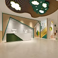Kindergarten Interior With Reception Desk Computers Staircase Green Decorations And Cloud Patterns On Wooden Ceiling 3d model