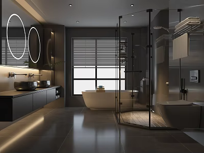 Modern Luxury Bathroom Interior With Freestanding Bathtub Glass Shower And Round Mirrors 3d model