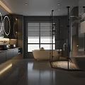 Modern Luxury Bathroom Interior With Freestanding Bathtub Glass Shower And Round Mirrors
