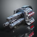 Futuristic Mechanical Weapon With Multiple Barrels Metallic Structure And Red Accents