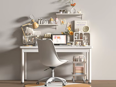 Cozy Home Office Desk Setup With White Chair Laptop Lamp And Decorative Shelves 3d model