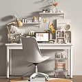 Cozy Home Office Desk Setup With White Chair Laptop Lamp And Decorative Shelves