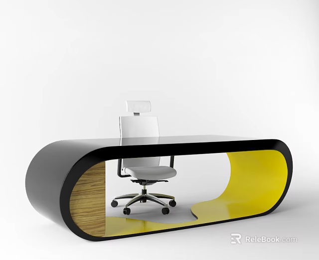 Modern Curved Office Desk With Black Yellow Wooden Design And White Chair 3d model 