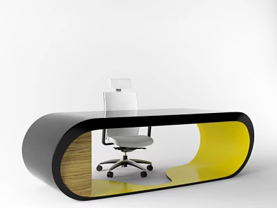 Modern Curved Office Desk With Black Yellow Wooden Design And White Chair 3d model