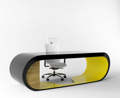 Modern Curved Office Desk With Black Yellow Wooden Design And White Chair 3d model