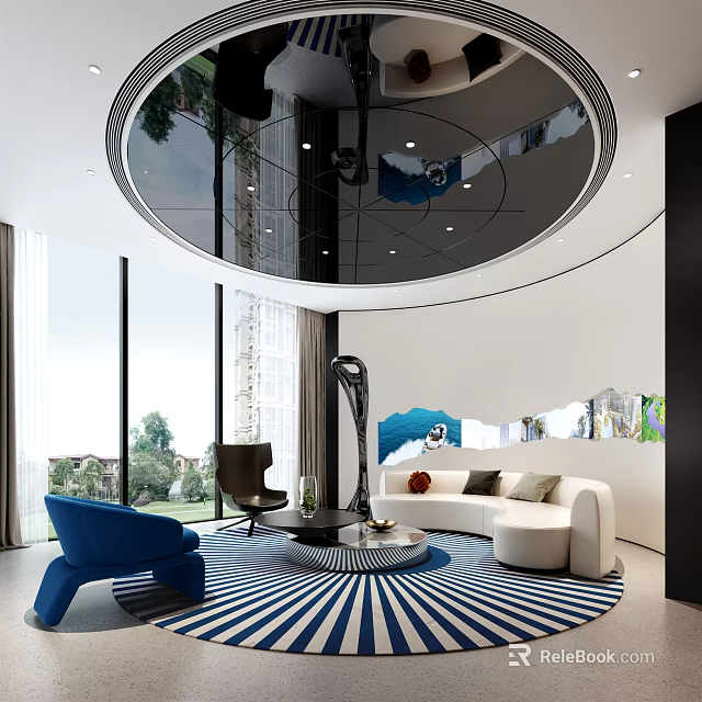 Modern Lounge Area With Circular Ceiling Large Windows Blue Chair White Sofa And Striped Rug 3d model 