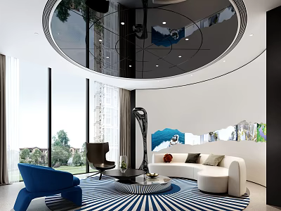 Modern Lounge Area With Circular Ceiling Large Windows Blue Chair White Sofa And Striped Rug 3d model
