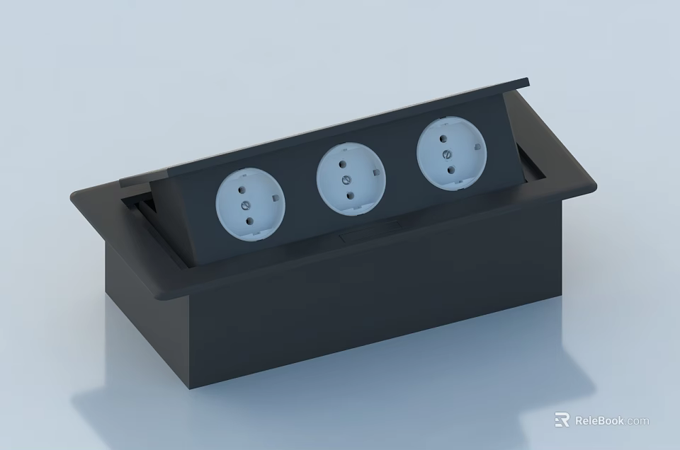 Modern Black Recessed Switch Panel With Three Round Power Sockets 3d model 