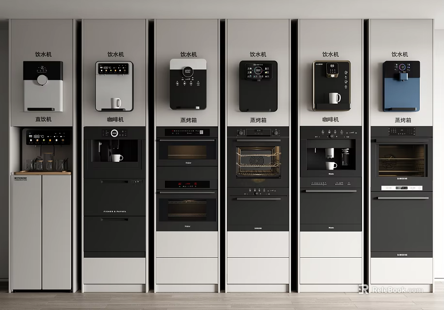 Modern Kitchen Interior With Built-in Appliances Various Coffee Makers Ovens And Cabinets 3d model 