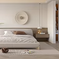 Modern Bedroom Interior Design With Platform Bed Circular Wall Art And Pendant Lights 3d model