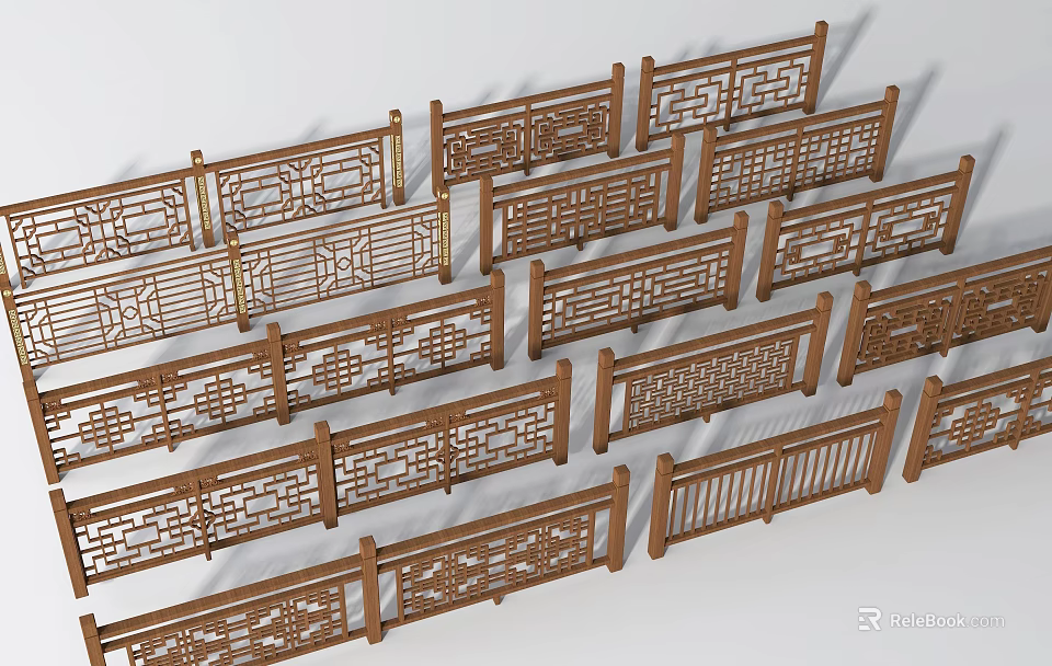 Various Styles Of Traditional Wooden Fences With Intricate Carved Patterns 3d model 