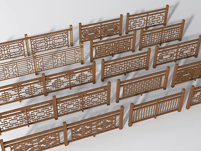 Various Styles Of Traditional Wooden Fences With Intricate Carved Patterns 3d model