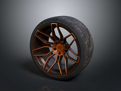 Modern Alloy Car Wheel With Orange Accent Rims And Black Tire Design Features 3d model