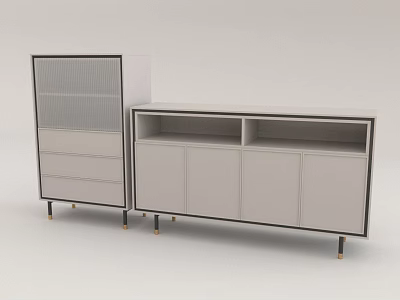Modern Light Shoe Cabinet With Dark Trim Metal Legs Drawers Mesh Door And Open Compartments 3d model